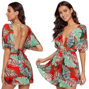 Women's palm leaves Plunge Neck Tie Back flowy Short Dress Juneteenth tropical L